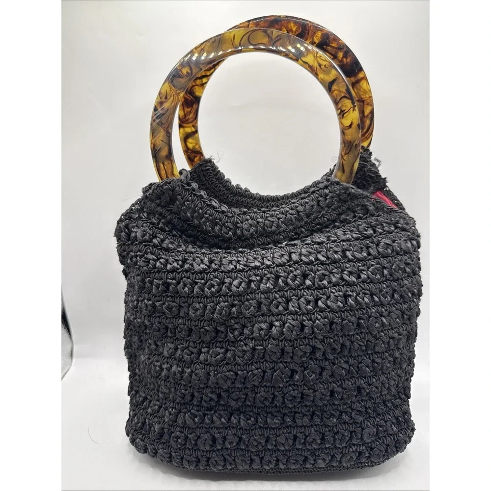Vintage Black Crochet Liz Claiborne Purse Plastic Wood Color‎ Handle